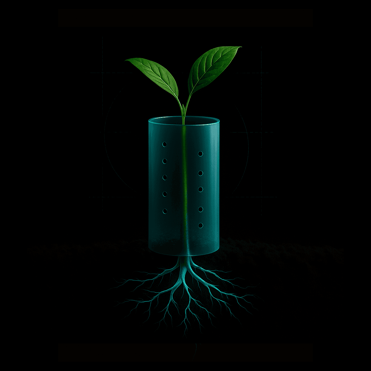 Plántula protegida por tubo tutor con raíces visibles